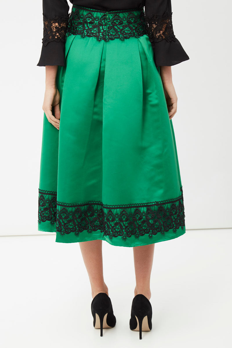 Falda midi mujer plisada vuelo, cintura entallada, cremallera trasera, bordados elegantes cintura y bajo, verde, talla 38, cómoda y versátil, ideal oficina y eventos, moda elegante ✅Entrega 24/48h