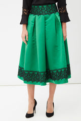 Falda midi mujer plisada vuelo, cintura entallada, cremallera trasera, bordados elegantes cintura y bajo, verde, talla 38, cómoda y versátil, ideal oficina y eventos, moda elegante ✅Entrega 24/48h