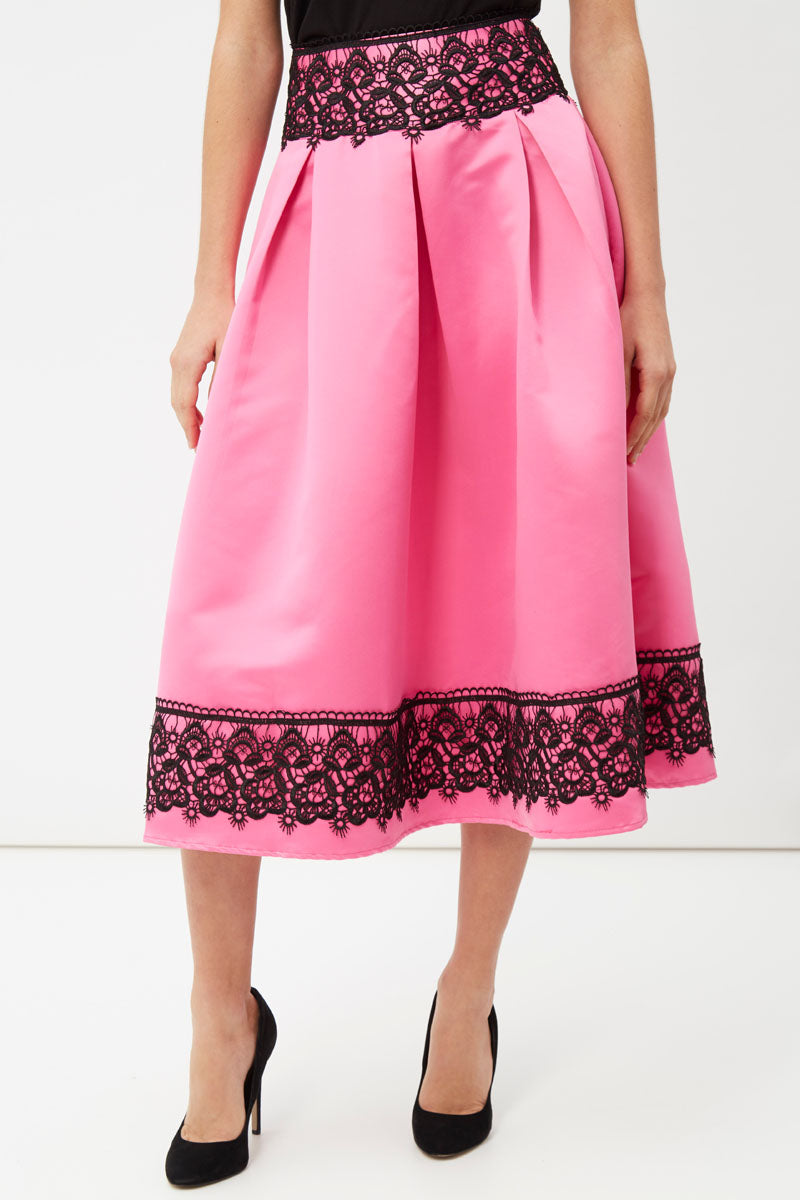 Falda midi satinada, falda plisada cintura alta, detalles encaje negro elegante, modelo ocasión especial, sofisticada, color rosa, talla 38, estilo femenino, cómoda y versátil ✅Entrega 24/48h
