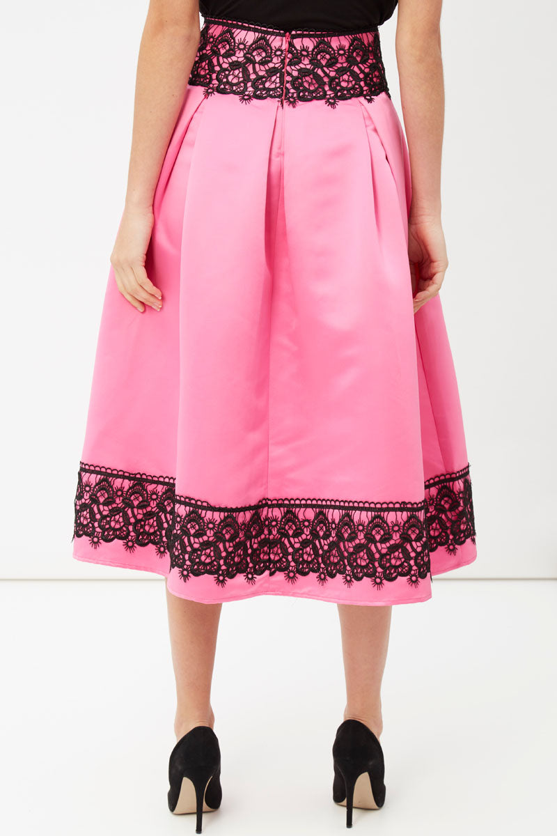 Falda midi satinada, falda plisada cintura alta, detalles encaje negro elegante, modelo ocasión especial, sofisticada, color rosa, talla 38, estilo femenino, cómoda y versátil ✅Entrega 24/48h