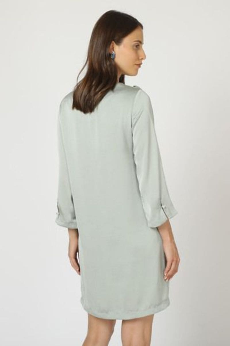 Vestido mujer satinado diseño liso volantes laterales dress outfit elegante poliéster suave cuello redondo manga larga color verde claro talla 38 cómodo versátil ideal eventos ✅Entrega 24/48h