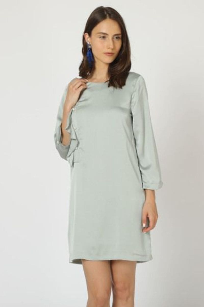Vestido mujer satinado diseño liso volantes laterales dress outfit elegante poliéster suave cuello redondo manga larga color verde claro talla 38 cómodo versátil ideal eventos ✅Entrega 24/48h