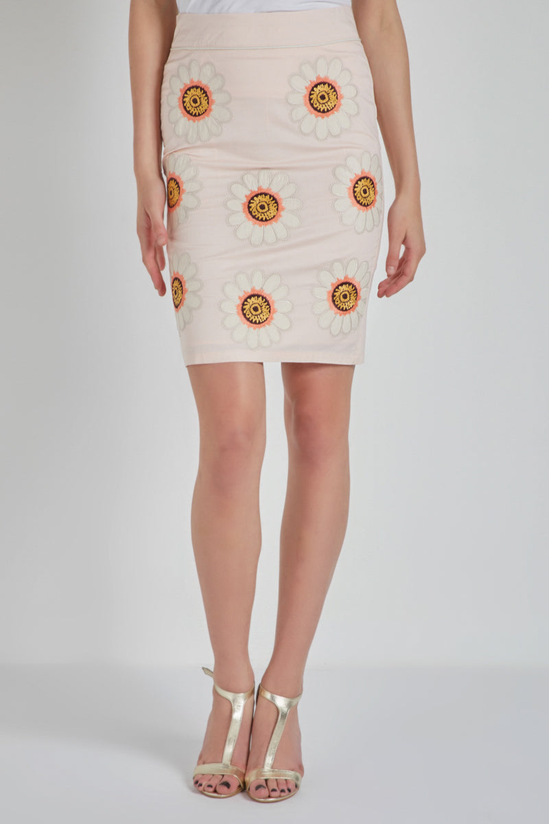Falda mujer bordada, falda pencil, diseño floral algodón elastano, forro interior cómodo, cierre cremallera, corte tubo, look elegante casual, motivo margaritas, rosa, talla 38, ideal primavera verano, ✅Entrega 24/48h