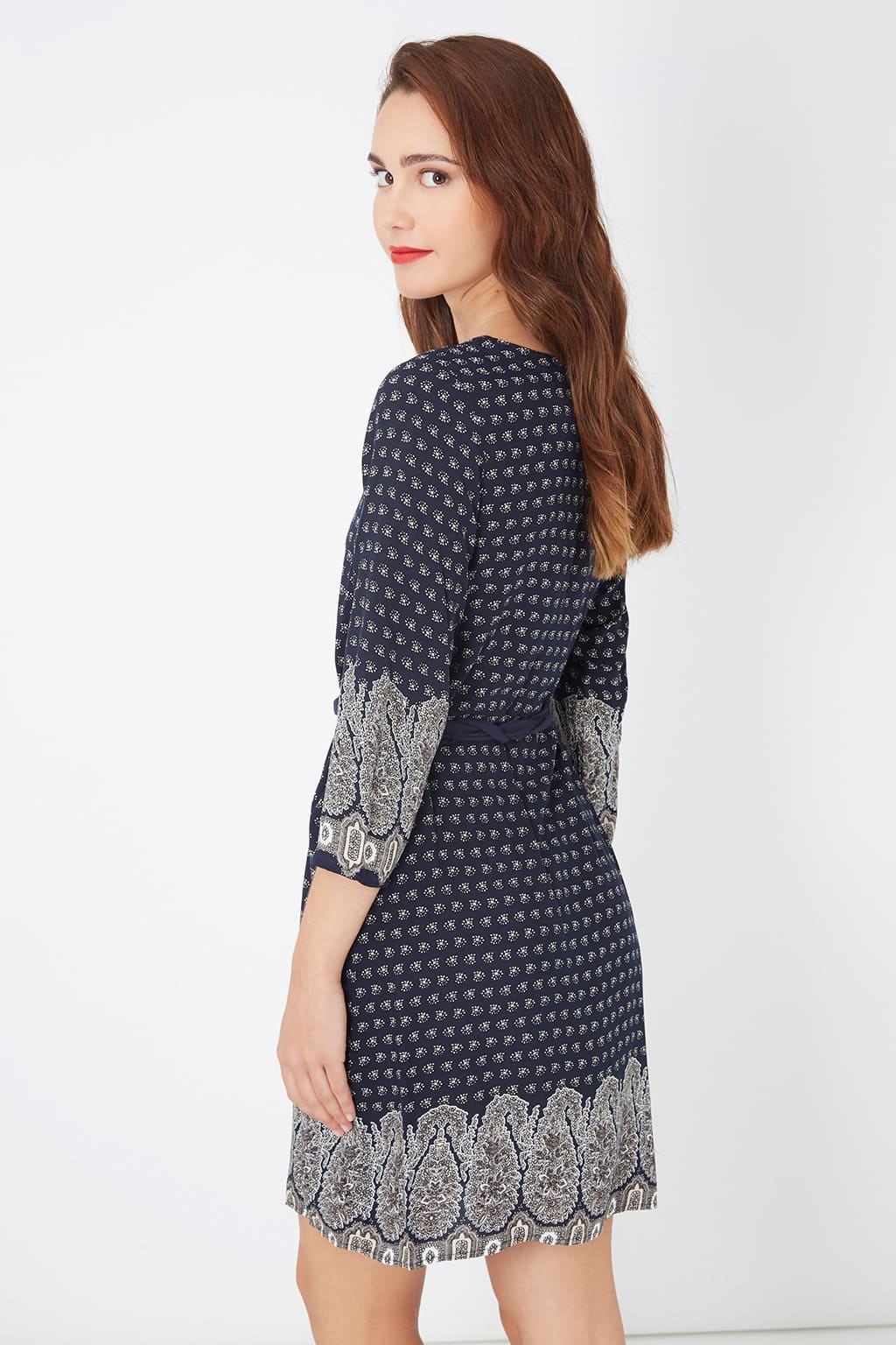 Vestido mujer, dress elegante, manga larga, diseño estampado, bajo cenefa contraste, cuello redondo, cierre lágrima, modelo AN-260055, azul, talla 44, cómodo y versátil, ideal para looks diarios o eventos ✅Entrega 24/48h
