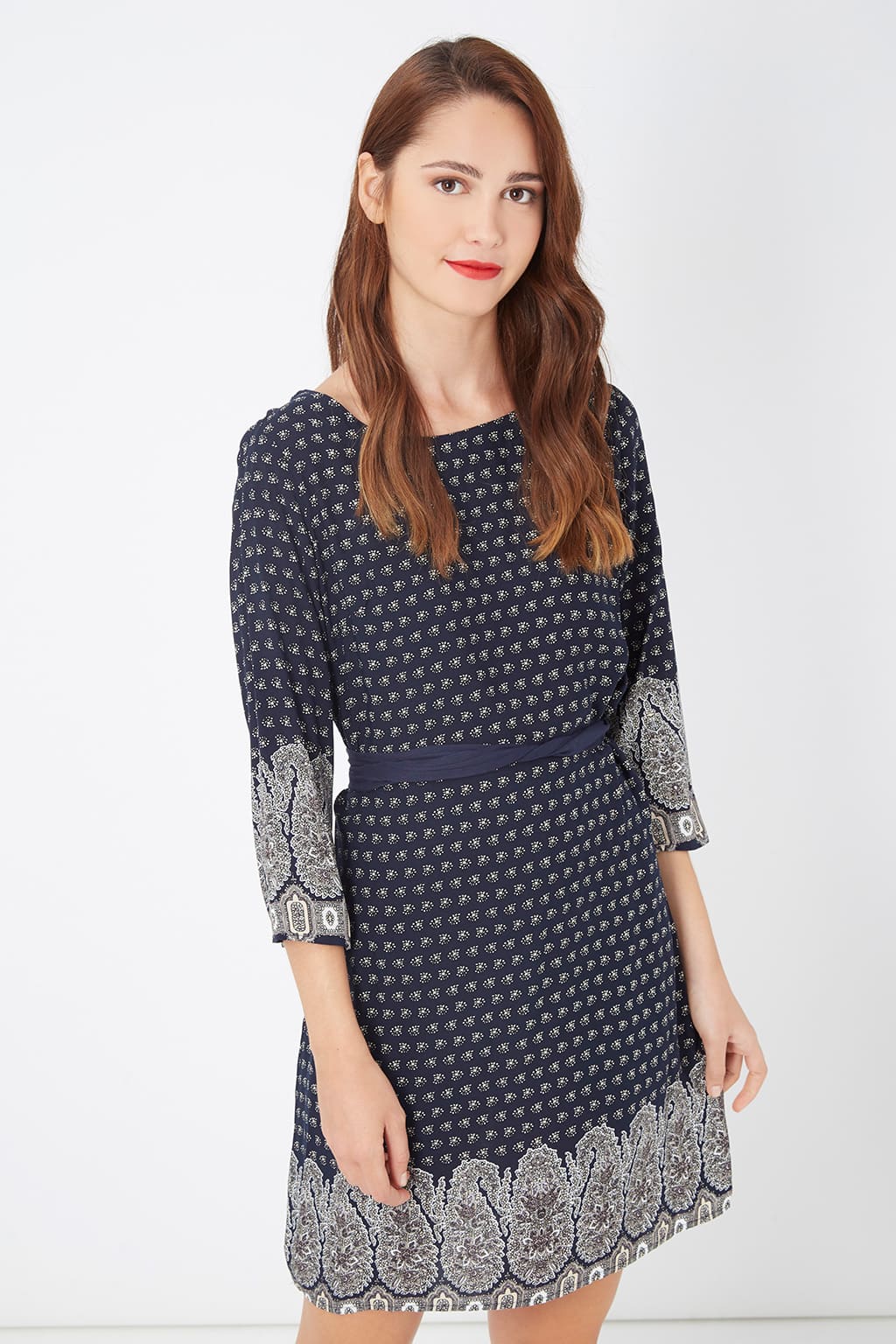 Vestido mujer, dress elegante, manga larga, diseño estampado, bajo cenefa contraste, cuello redondo, cierre lágrima, modelo AN-260055, azul, talla 44, cómodo y versátil, ideal para looks diarios o eventos ✅Entrega 24/48h