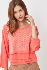 Blusa mujer coral, camisa top manga larga, textura superpuesta, diseño moderno, escote redondo, estilo versátil, única talla 38, cómoda y elegante, ideal oficina o casual ✅Entrega 24/48h