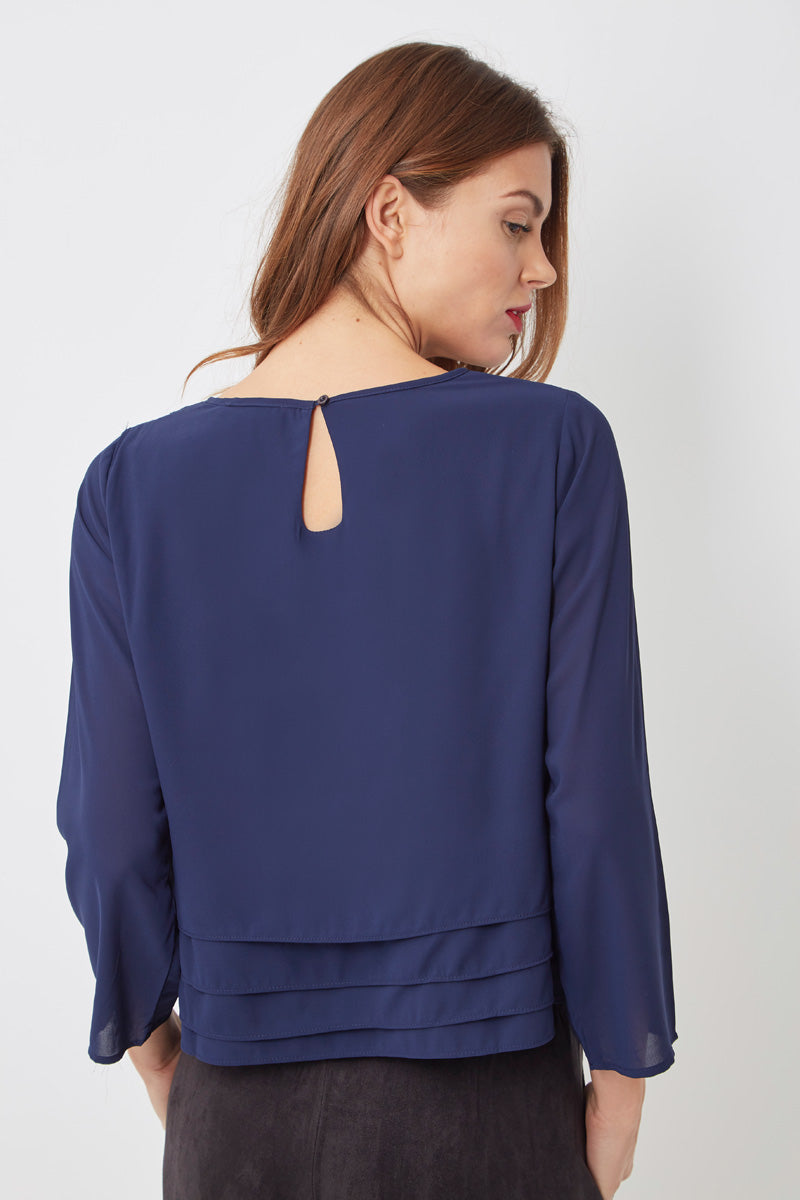 Blusa femenina gasa azul marino modelo AN-260101, diseño recto, estampado geométrico, manga larga, escote redondo, textura cómoda, talla 38, ideal casual elegante, entrega rápida ✅Entrega 24/48h
