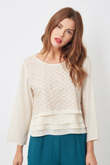 Blusa elegante mujer, top gasa estampado, superposición texturizada, manga larga, corte recto, escote redondo, ligera y cómoda, color beige, talla 38, perfecta oficina o diario ✅Entrega 24/48h