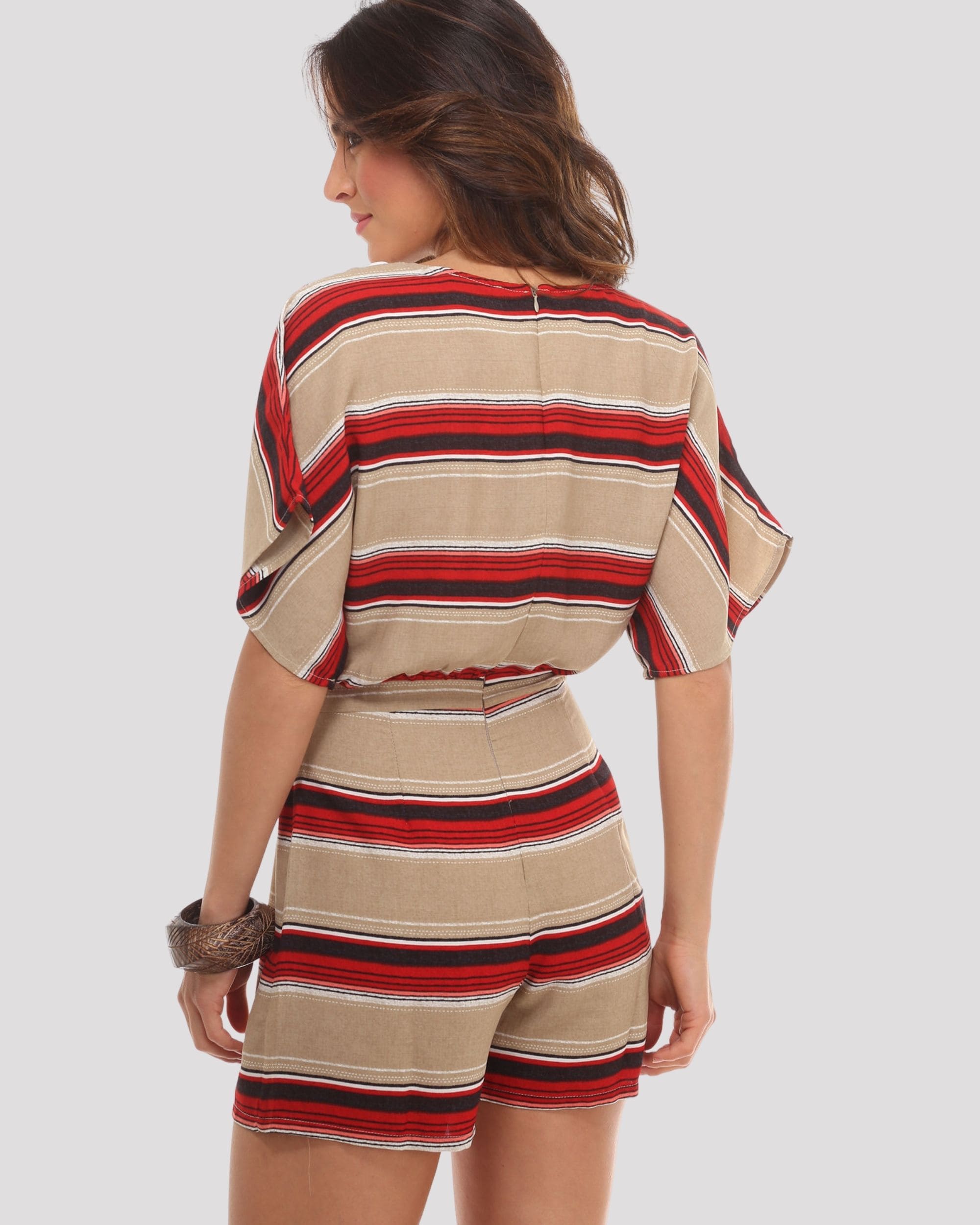 Mono corto mujer, playsuit rayas bohemio, bordado macramé, manga amplia, escote en v, cintura elástica, cremalleras, cómodo y estiloso, talla 38, marrón rojizo/beige ✅Entrega 24/48h