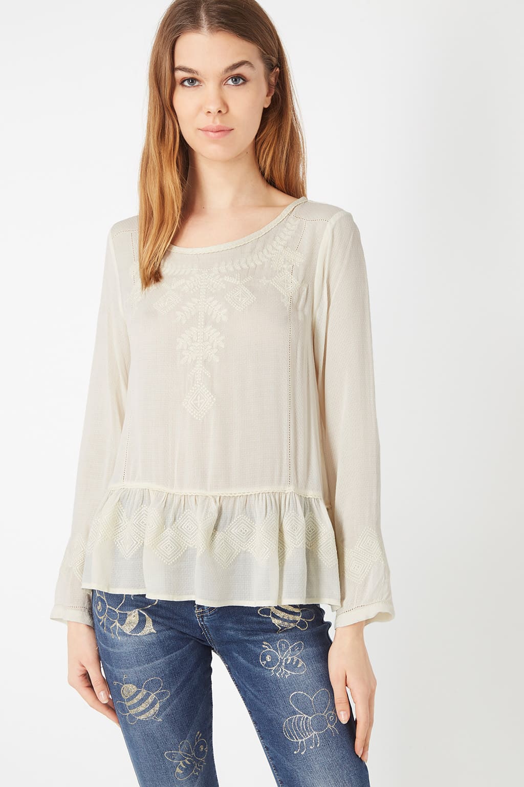 Blusa mujer camisa top fluida bordado algodón cuello redondo volante bajo manga larga cierre botón trasero cómoda elegante estilo casual talla 38 color crudo ✅Entrega 24/48h