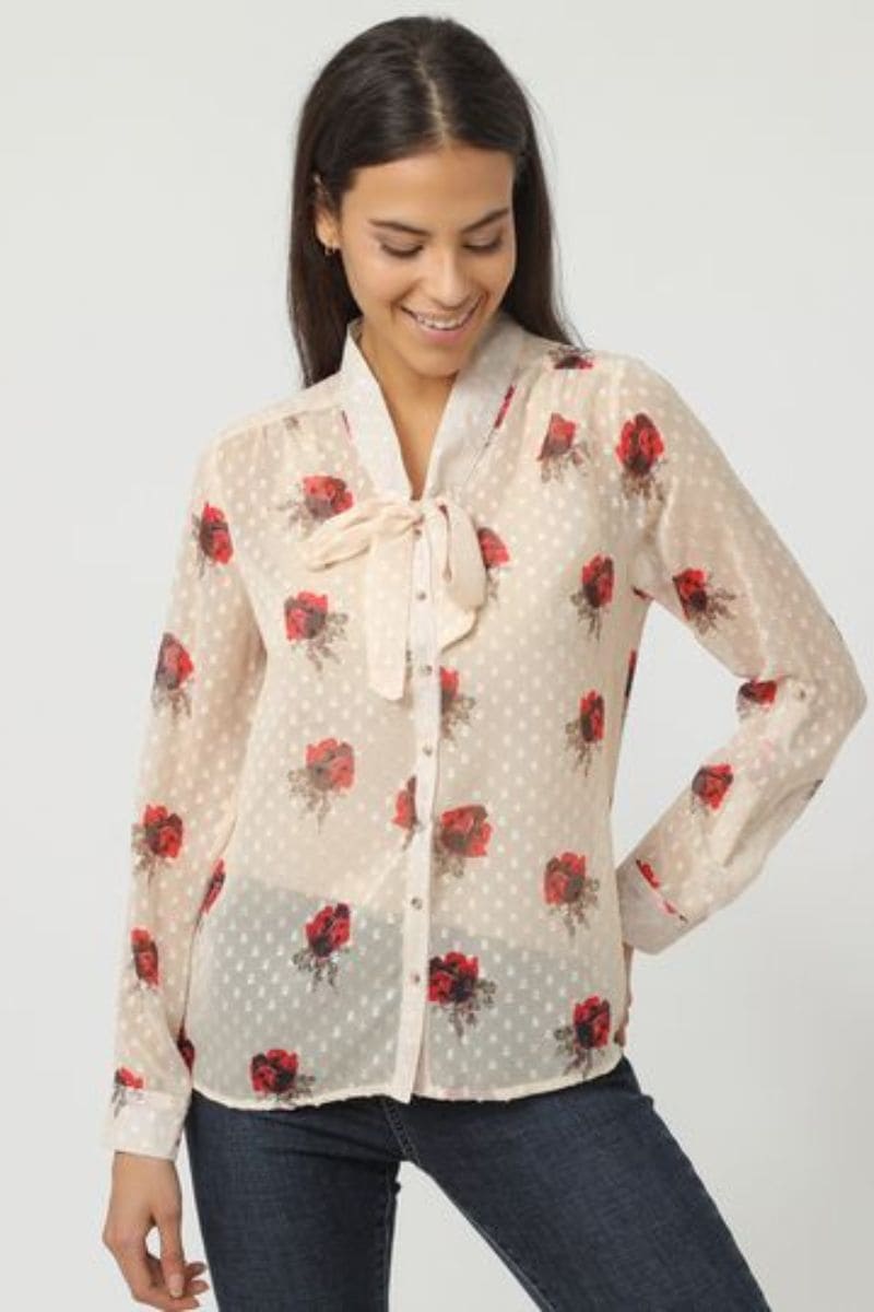 Blusa femenina transparente flores romántica, camisa elegante, cuello lazo, manga larga, tejido ligero, ideal oficina o eventos, disponible talla 38, color beige, sofisticada y cómoda ✅Entrega 24/48h