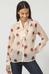 Blusa femenina transparente flores romántica, camisa elegante, cuello lazo, manga larga, tejido ligero, ideal oficina o eventos, disponible talla 38, color beige, sofisticada y cómoda ✅Entrega 24/48h