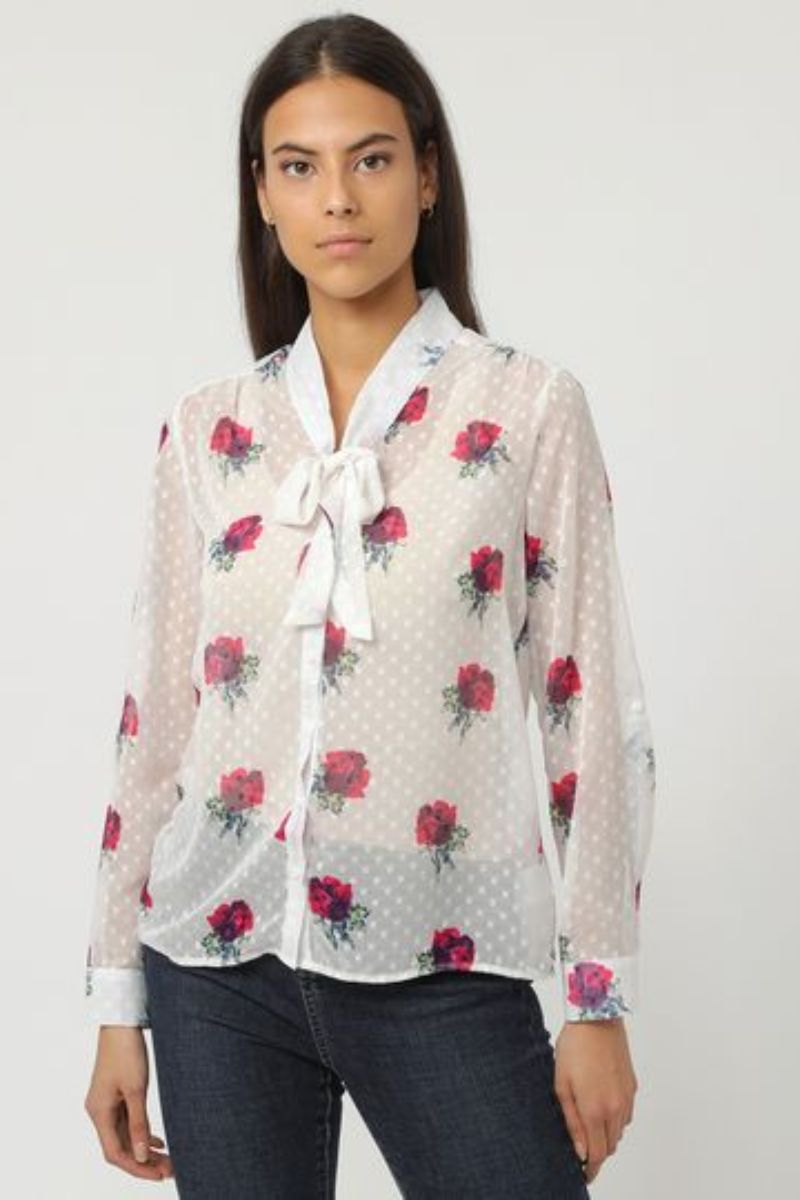 Blusa mujer transparente gasa floral, blusa camisa estampada manga larga, lazo cuello, botonadura elegante, talla 38, colores blanco rosa rojo, look sofisticado casual eventos oficina ✅Entrega 24/48h
