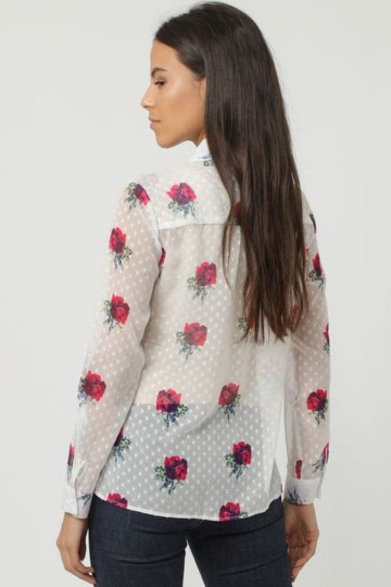 Blusa mujer transparente gasa floral, blusa camisa estampada manga larga, lazo cuello, botonadura elegante, talla 38, colores blanco rosa rojo, look sofisticado casual eventos oficina ✅Entrega 24/48h