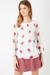 Camisa blusa tul plumetis floral mujer, tejido ligero, manga larga recogible, cuello redondo, cierre botones, diseño flores, elegante y versátil, talla 38, color blanco rosa ✅Entrega 24/48h