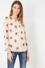 Camisa blusa tul plumetis floral mujer manga larga cuello redondo botones tejido ligero elegante primavera verano beige talla 38 cómodo versátil oficina casual fiesta ✅Entrega 24/48h