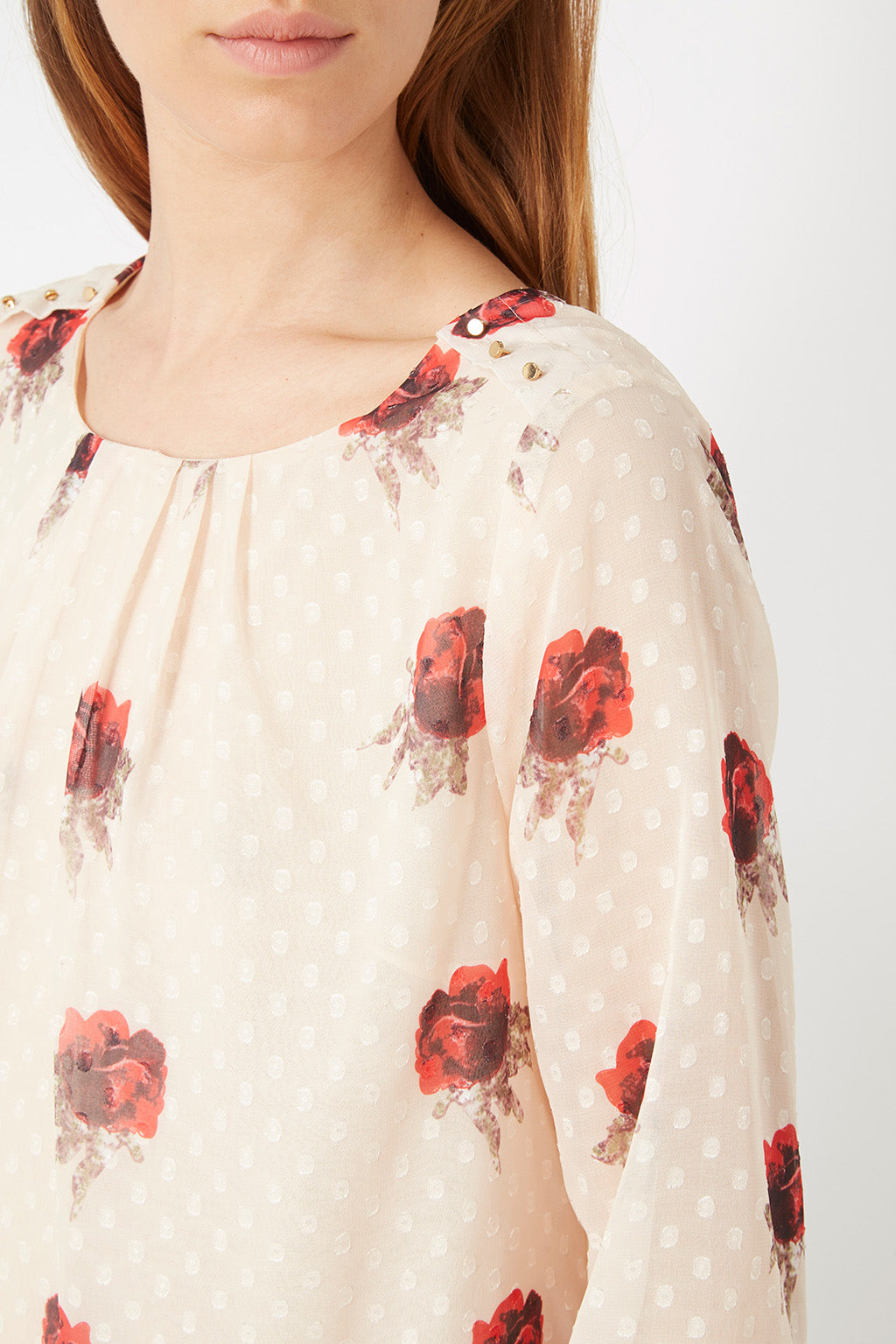 Camisa blusa tul plumetis floral mujer manga larga cuello redondo botones tejido ligero elegante primavera verano beige talla 38 cómodo versátil oficina casual fiesta ✅Entrega 24/48h