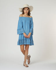 Vestido mujer corto Bardot off shoulder dress Anany AN-260366 bordado inglés manga 3/4 volantes escote elástico azul talla 38 outfit cómodo femenino veraniego casual elegante✅Entrega 24/48h