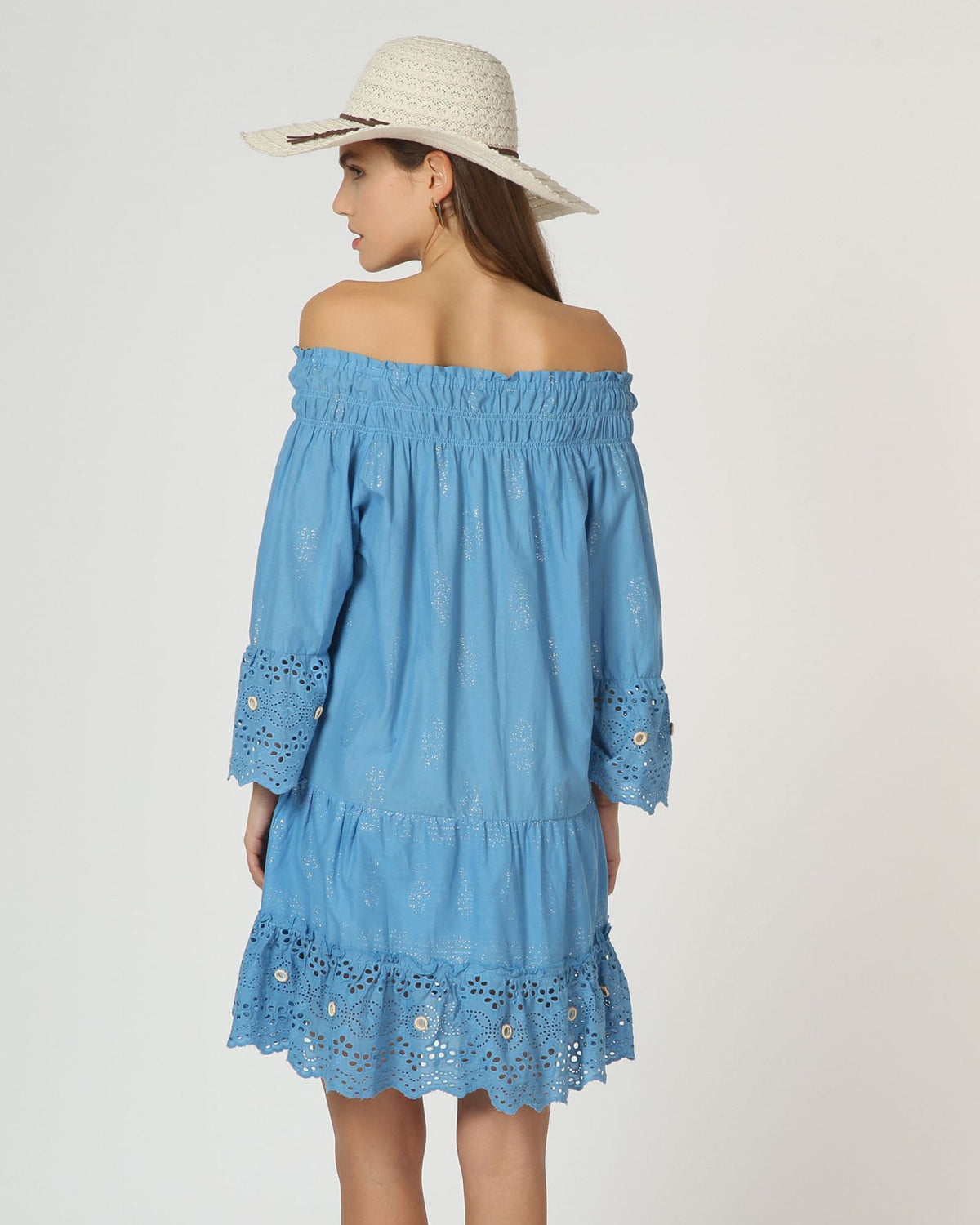 Vestido mujer corto Bardot off shoulder dress Anany AN-260366 bordado inglés manga 3/4 volantes escote elástico azul talla 38 outfit cómodo femenino veraniego casual elegante✅Entrega 24/48h