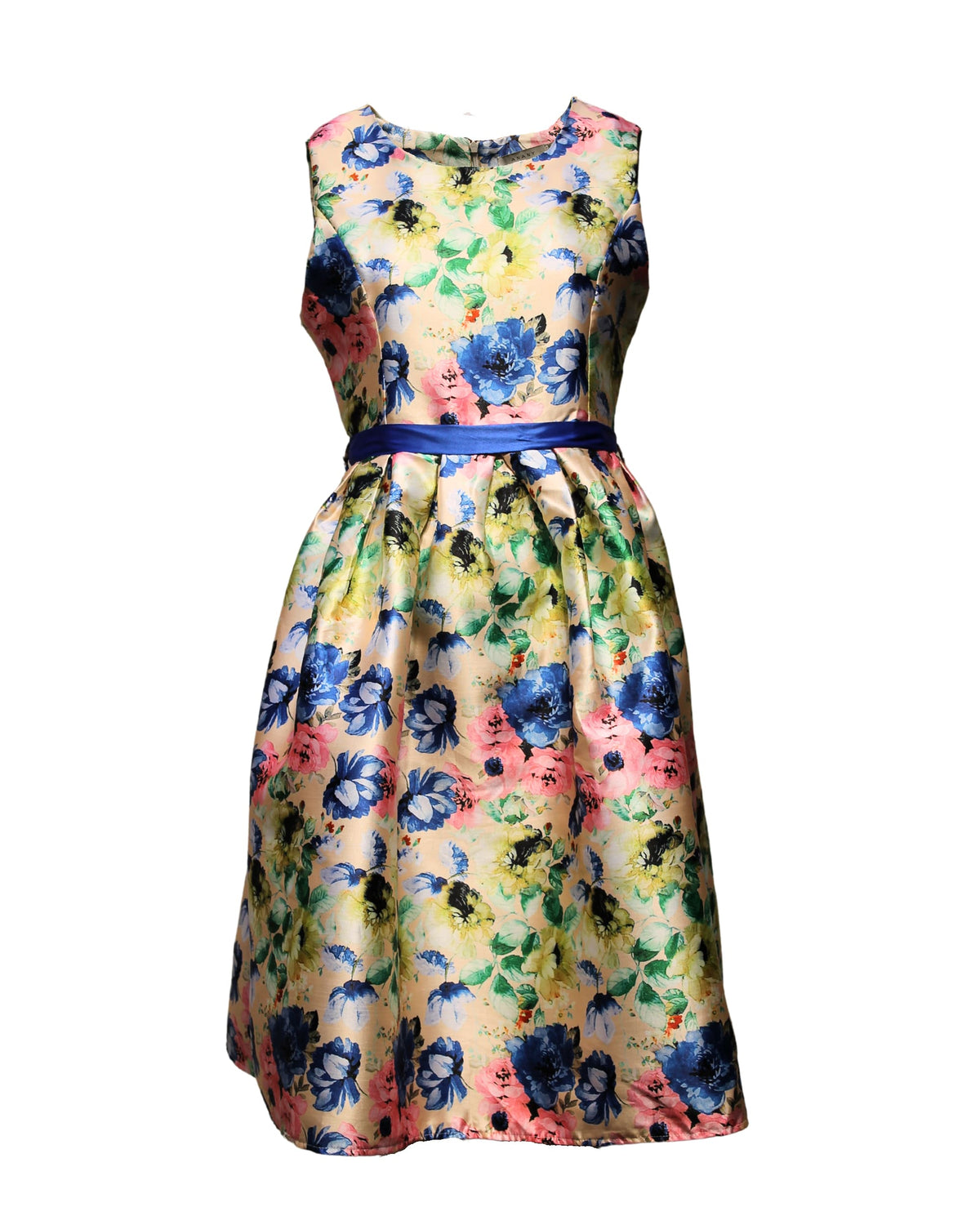 Vestido satinado mujer floral dress outfit Anany corte midi sin mangas cinturón extraíble estampado flores colores azul amarillo rosa cómodo elegante talla 44 ✅Entrega 24/48h
