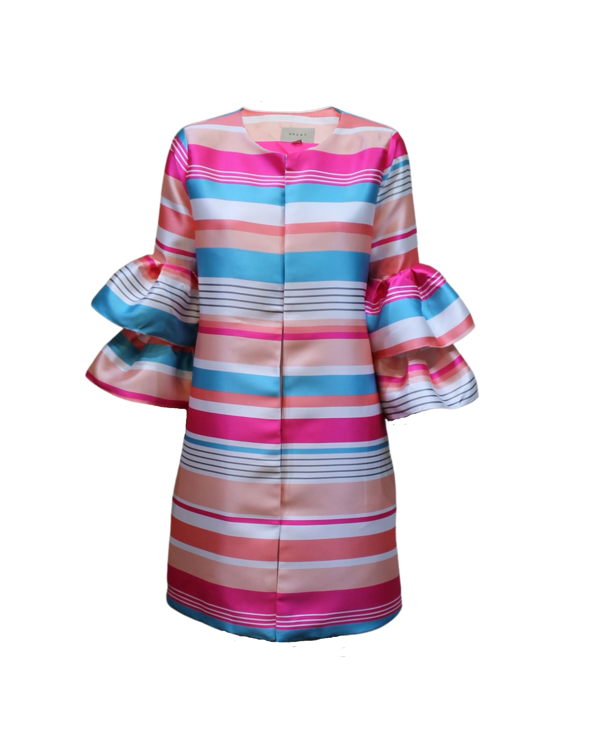 Levita satinada mujer, chaqueta ligera a rayas, diseño elegante forro integrado, manga 3/4 volante, moda oversize color rosa fucsia y azul, talla 38, cómoda y versátil ✅Entrega 24/48h