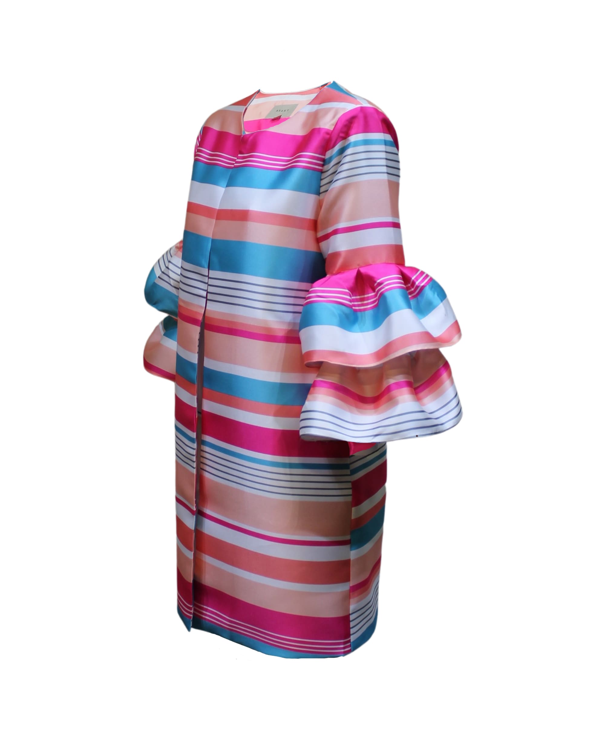 Levita satinada mujer, chaqueta ligera a rayas, diseño elegante forro integrado, manga 3/4 volante, moda oversize color rosa fucsia y azul, talla 38, cómoda y versátil ✅Entrega 24/48h