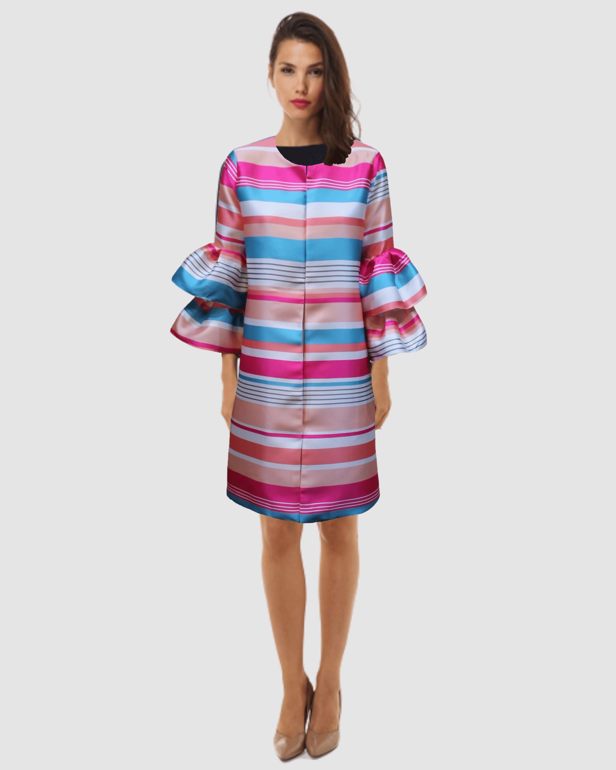 Levita satinada mujer, chaqueta ligera a rayas, diseño elegante forro integrado, manga 3/4 volante, moda oversize color rosa fucsia y azul, talla 38, cómoda y versátil ✅Entrega 24/48h