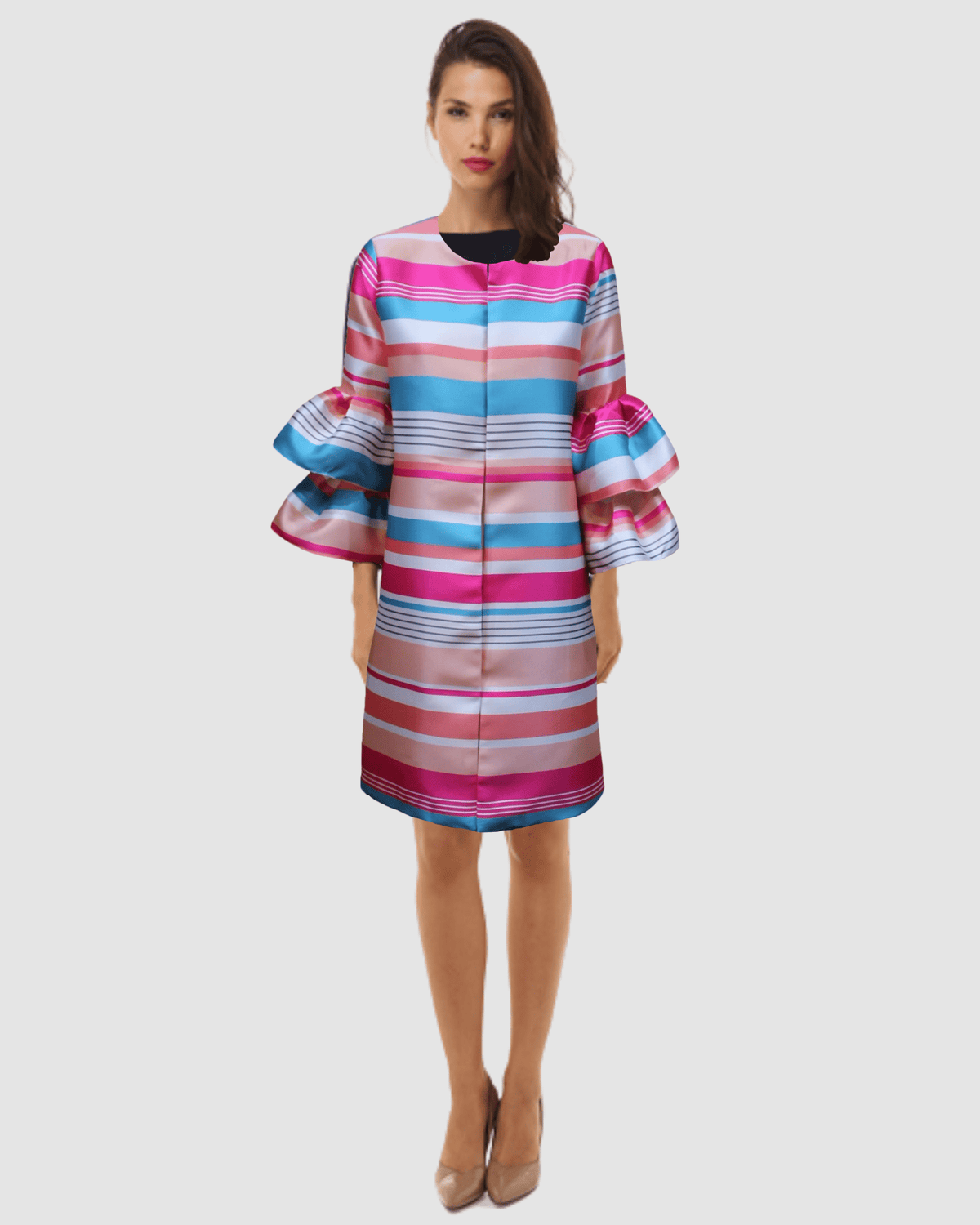 Levita satinada mujer, chaqueta ligera a rayas, diseño elegante forro integrado, manga 3/4 volante, moda oversize color rosa fucsia y azul, talla 38, cómoda y versátil ✅Entrega 24/48h