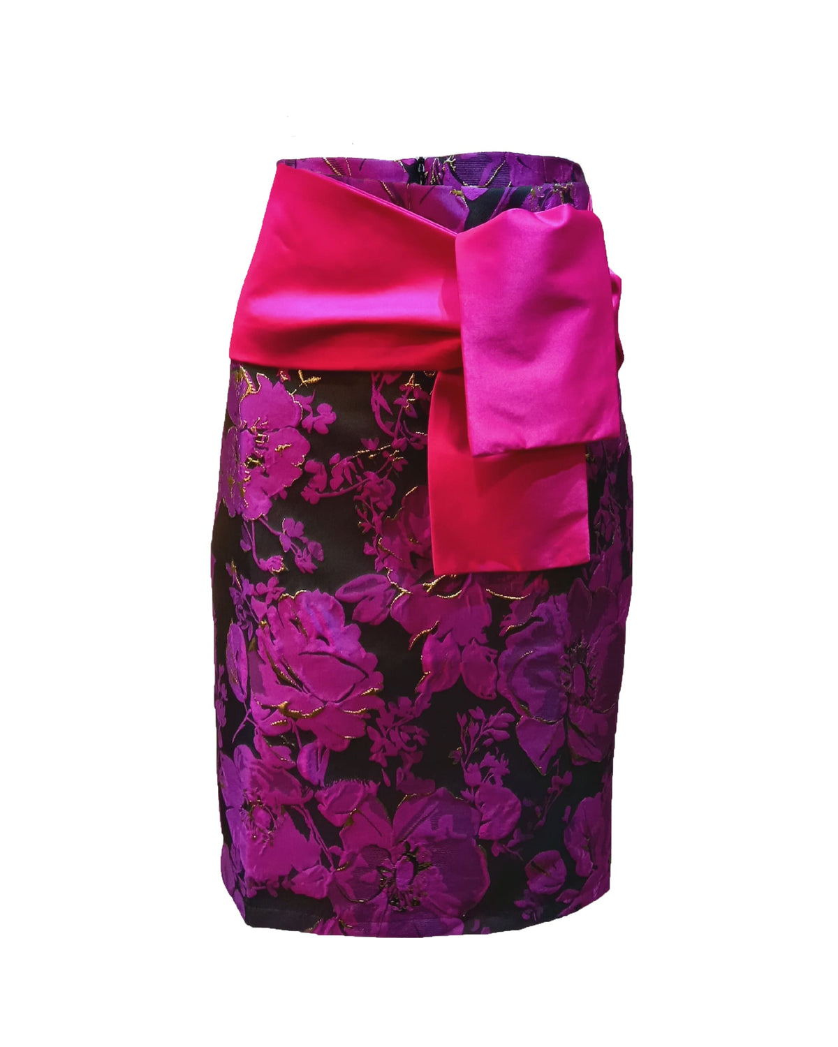 Falda recta mujer, skirt, diseño floral texturizado, fajín lazada, forrada, cierre cremallera, elegante, color negro con fucsia, talla 38, cómoda, ideal oficina y eventos ✅Entrega 24/48h