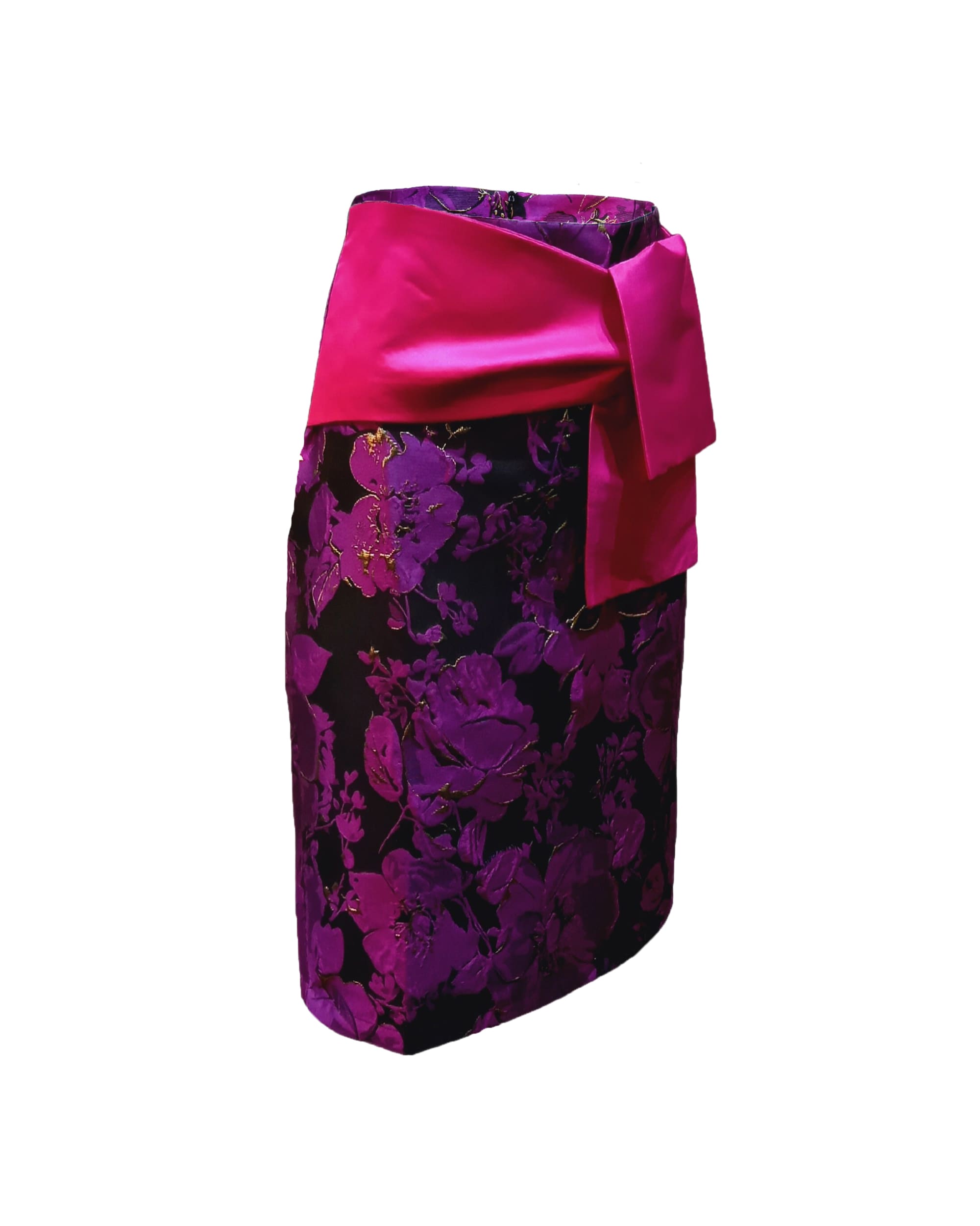 Falda recta mujer, skirt, diseño floral texturizado, fajín lazada, forrada, cierre cremallera, elegante, color negro con fucsia, talla 38, cómoda, ideal oficina y eventos ✅Entrega 24/48h