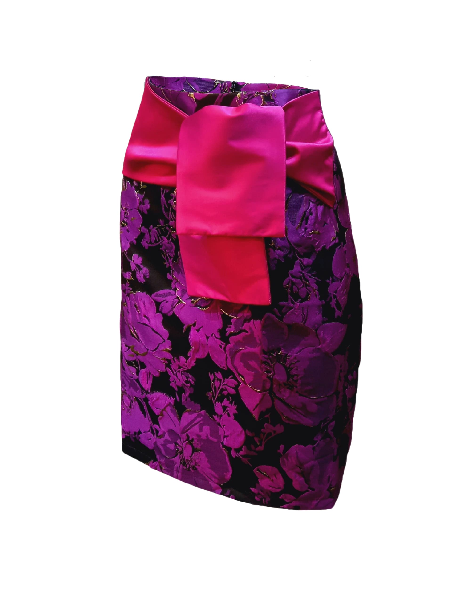 Falda recta mujer, skirt, diseño floral texturizado, fajín lazada, forrada, cierre cremallera, elegante, color negro con fucsia, talla 38, cómoda, ideal oficina y eventos ✅Entrega 24/48h