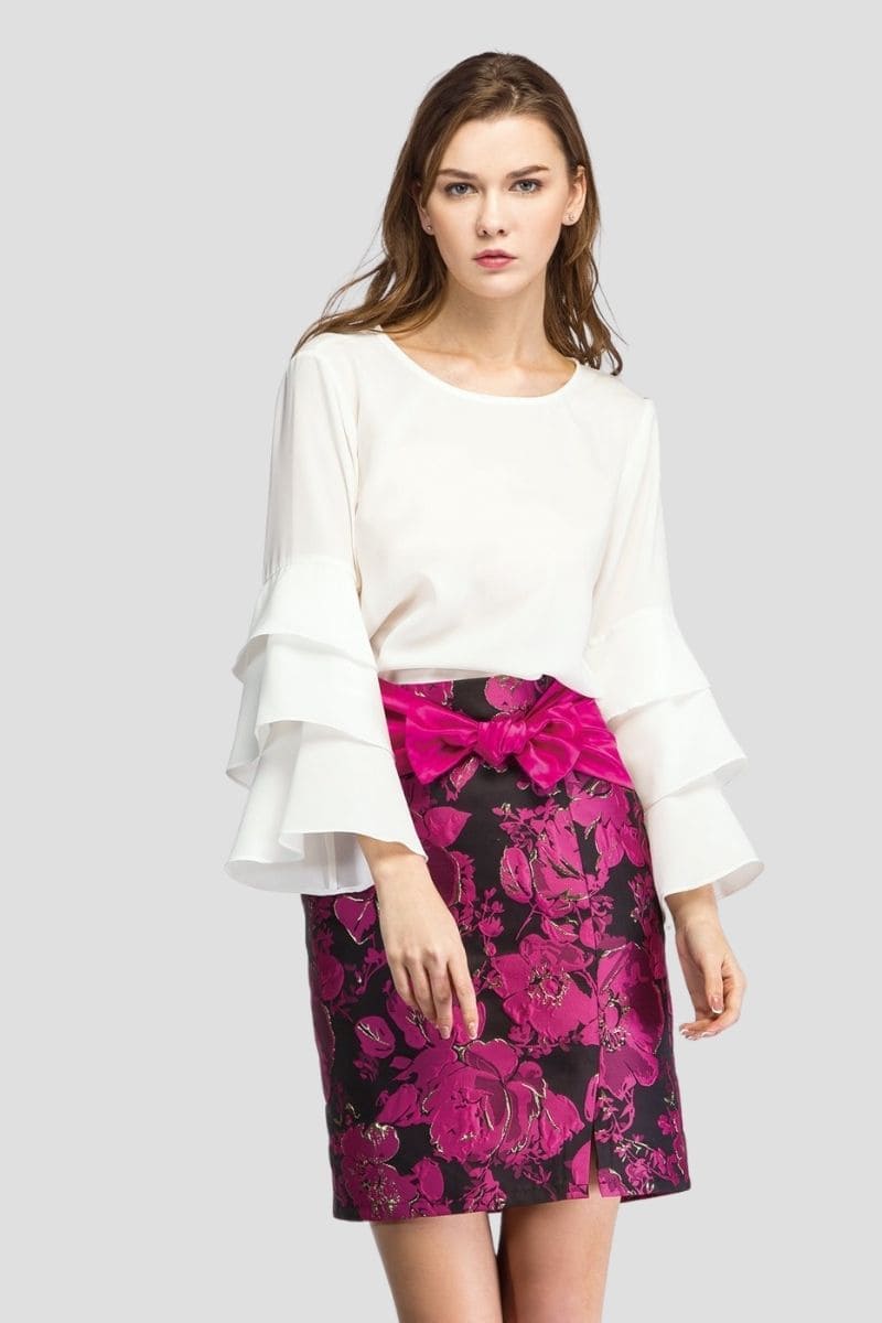 Falda recta mujer, skirt, diseño floral texturizado, fajín lazada, forrada, cierre cremallera, elegante, color negro con fucsia, talla 38, cómoda, ideal oficina y eventos ✅Entrega 24/48h