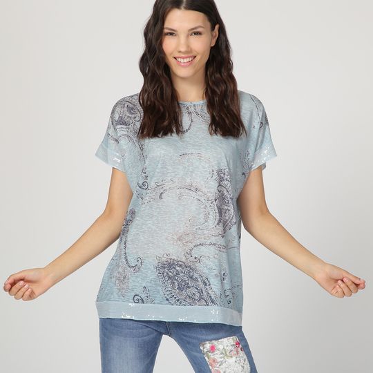 Blusa femenina estampada paisley, blusón ligero manga corta, tejido suave, corte relajado, ideal oficina o urbano, azul claro, talla 38, versátil, cómoda, elegante, fresca ✅Entrega 24/48h