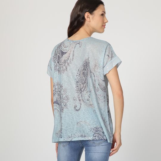 Blusa femenina estampada paisley, blusón ligero manga corta, tejido suave, corte relajado, ideal oficina o urbano, azul claro, talla 38, versátil, cómoda, elegante, fresca ✅Entrega 24/48h