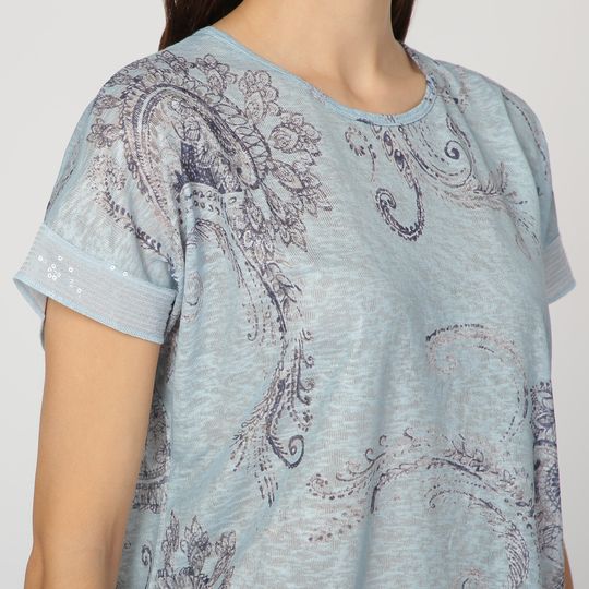 Blusa femenina estampada paisley, blusón ligero manga corta, tejido suave, corte relajado, ideal oficina o urbano, azul claro, talla 38, versátil, cómoda, elegante, fresca ✅Entrega 24/48h