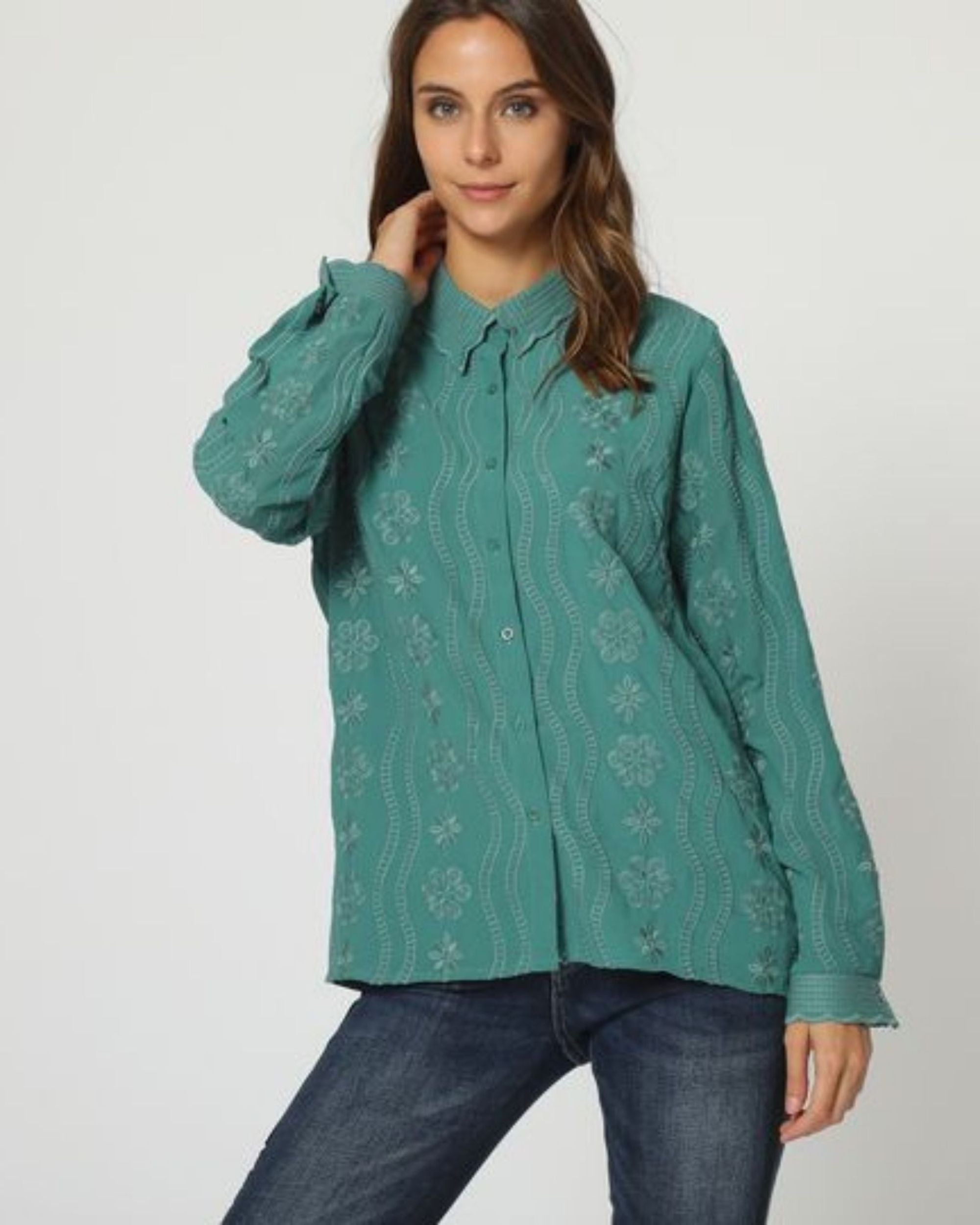 Blusa mujer camisa tops bordados decorativos algodón cuello camisero clásico detalle puntilla manga larga cierre botones color verde talla 38 cómoda elegante versátil ✅Entrega 24/48h