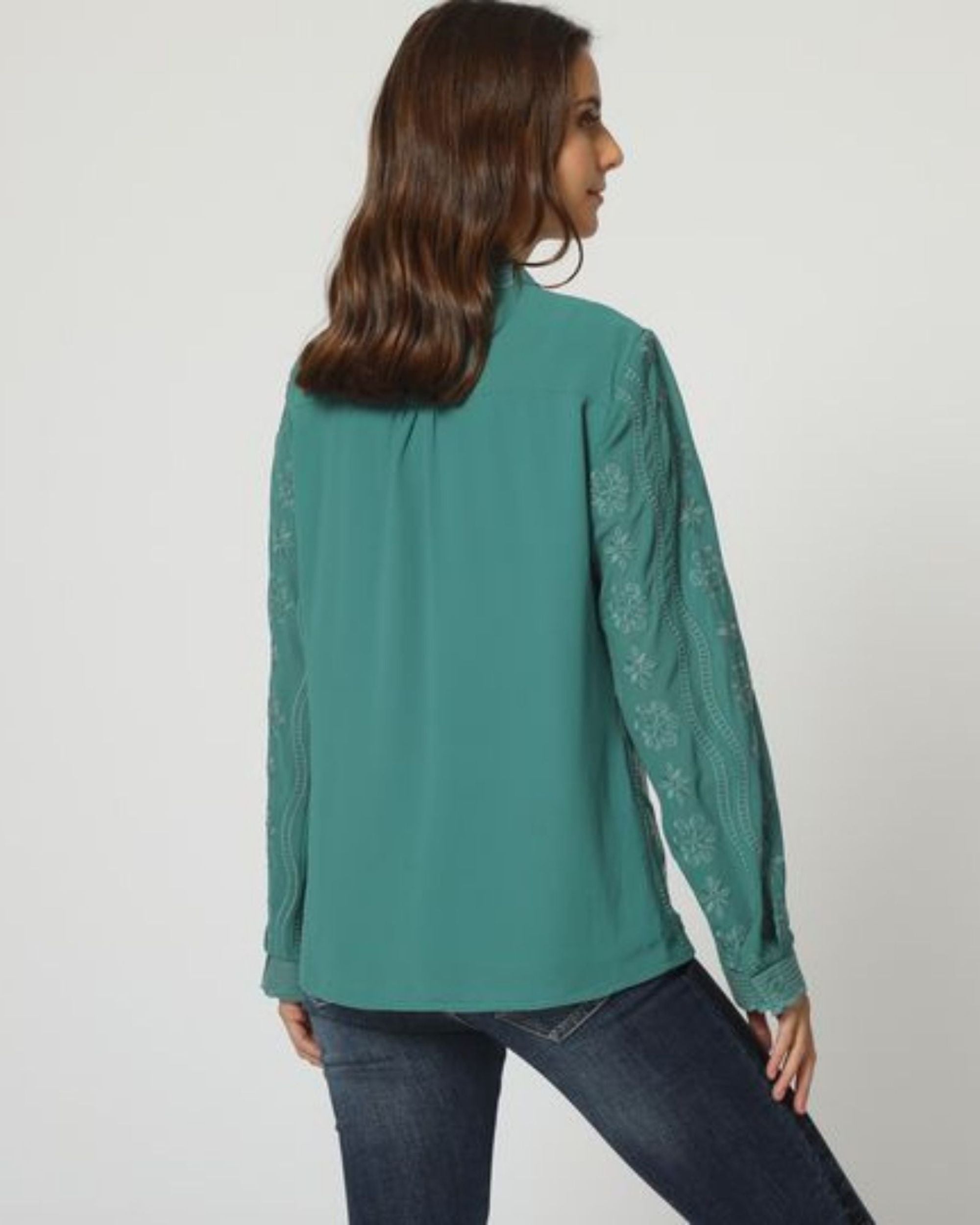 Blusa mujer camisa tops bordados decorativos algodón cuello camisero clásico detalle puntilla manga larga cierre botones color verde talla 38 cómoda elegante versátil ✅Entrega 24/48h