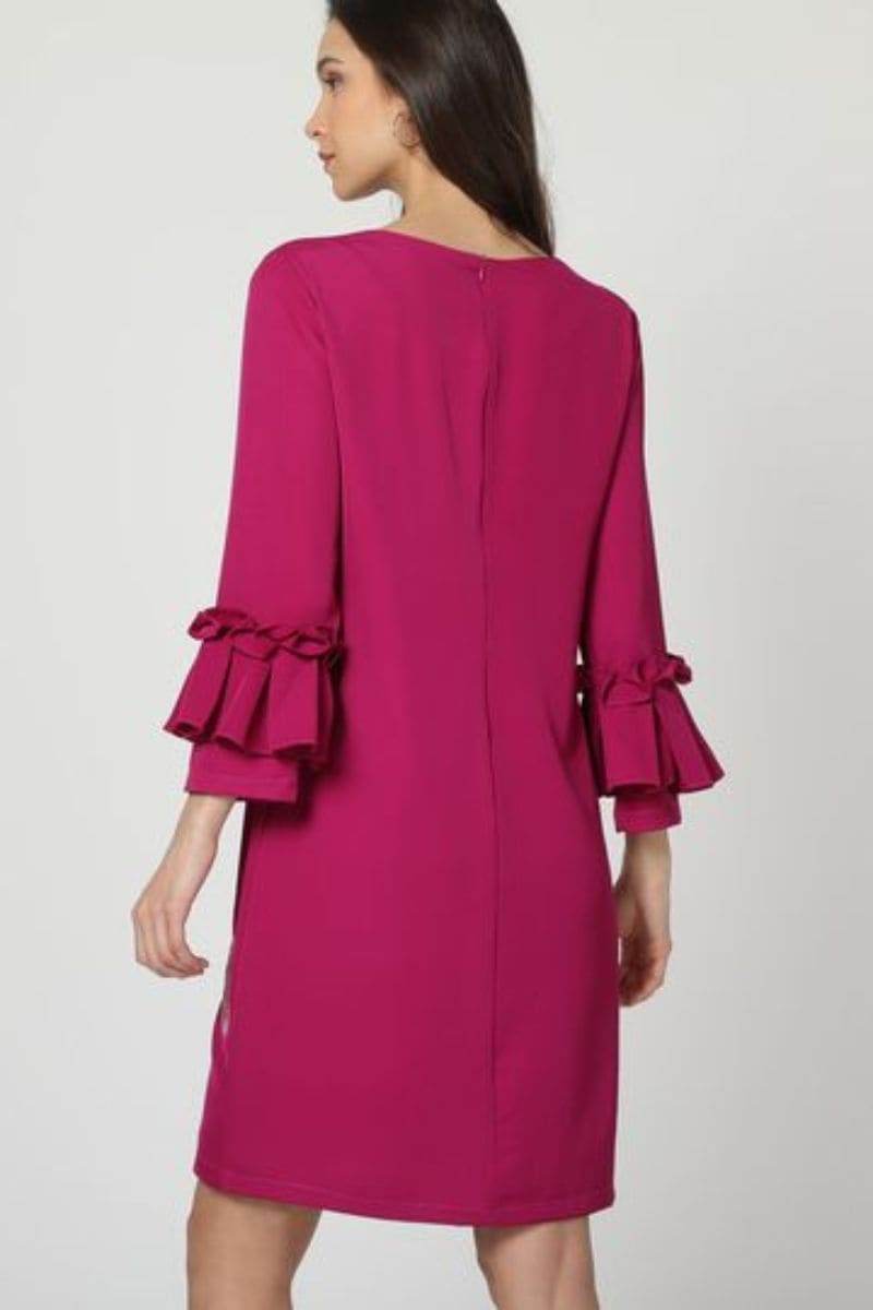 Vestido satinado mujer, dress elegante Anany AN-260795, manga larga volantes, flamenco bordado, forro interior, cómodo, corte recto, estilo sofisticado, color violeta, talla 38 ✅Entrega 24/48h