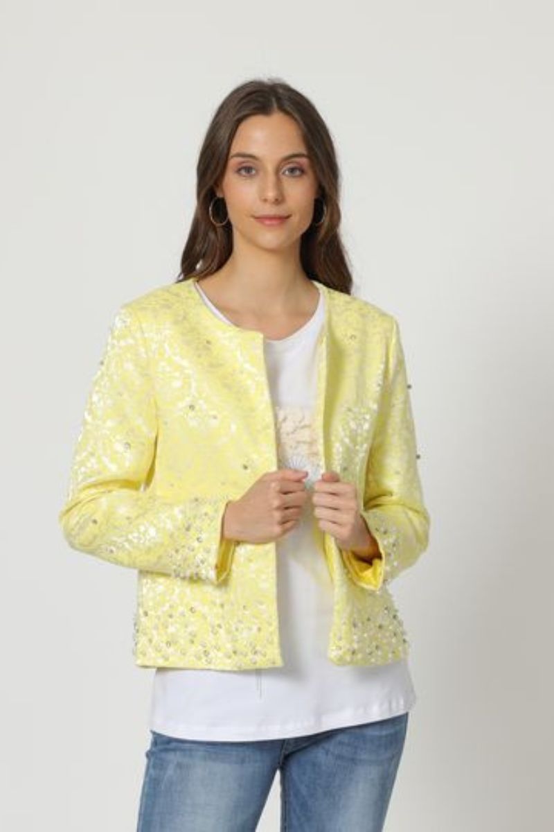 Chaqueta mujer recta elegante, blazer, diseño strass bordado, cuello redondo, tejido textura, cierre alamar, tendencia 2024, talla 38, color amarillo, cómoda, ideal eventos, fiesta, casual ✅Entrega 24/48h