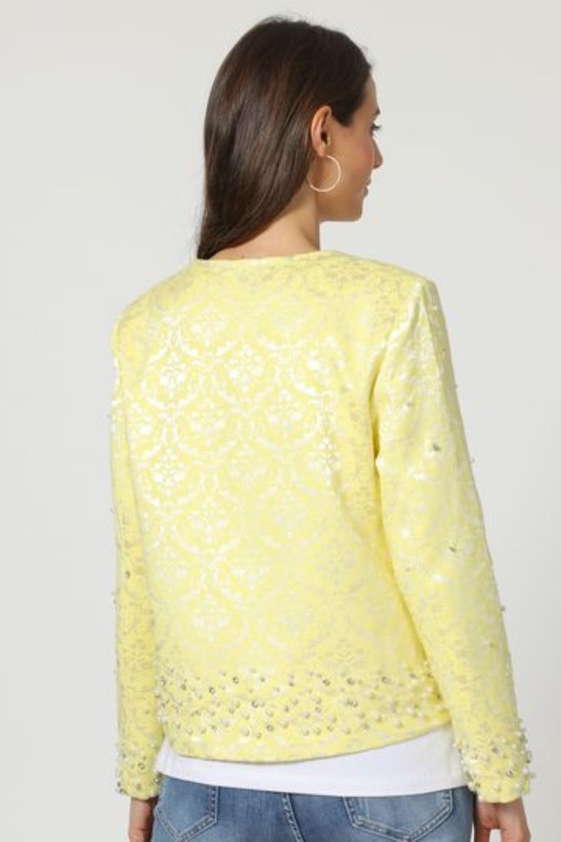Chaqueta mujer recta elegante, blazer, diseño strass bordado, cuello redondo, tejido textura, cierre alamar, tendencia 2024, talla 38, color amarillo, cómoda, ideal eventos, fiesta, casual ✅Entrega 24/48h