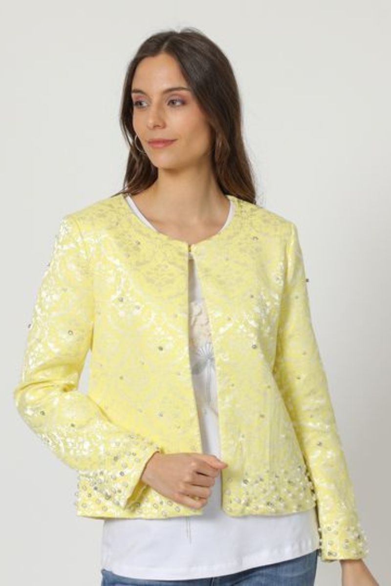 Chaqueta mujer recta elegante, blazer, diseño strass bordado, cuello redondo, tejido textura, cierre alamar, tendencia 2024, talla 38, color amarillo, cómoda, ideal eventos, fiesta, casual ✅Entrega 24/48h