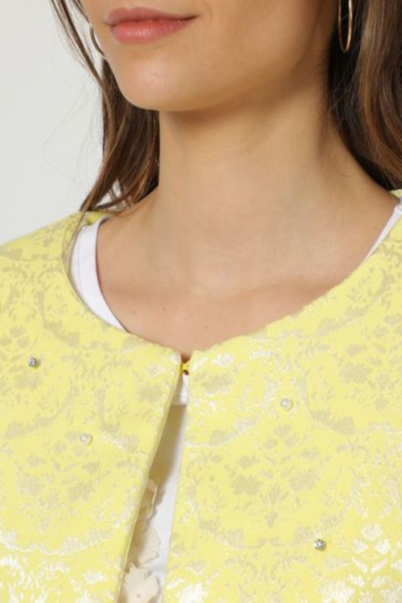 Chaqueta mujer recta elegante, blazer, diseño strass bordado, cuello redondo, tejido textura, cierre alamar, tendencia 2024, talla 38, color amarillo, cómoda, ideal eventos, fiesta, casual ✅Entrega 24/48h
