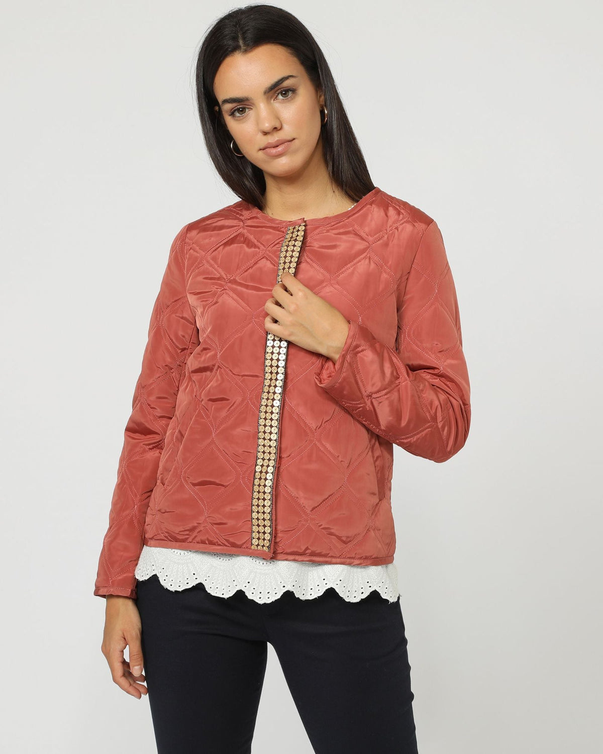 Chaqueta mujer acolchada liso, lentejuelas solapa, cuello redondo, cierre botones clic, manga larga, bolsillos delanteros, diseño elegante, cómoda, talla 38, perfecto para look casual y sofisticado - Rojo ✅Entrega 24/48h