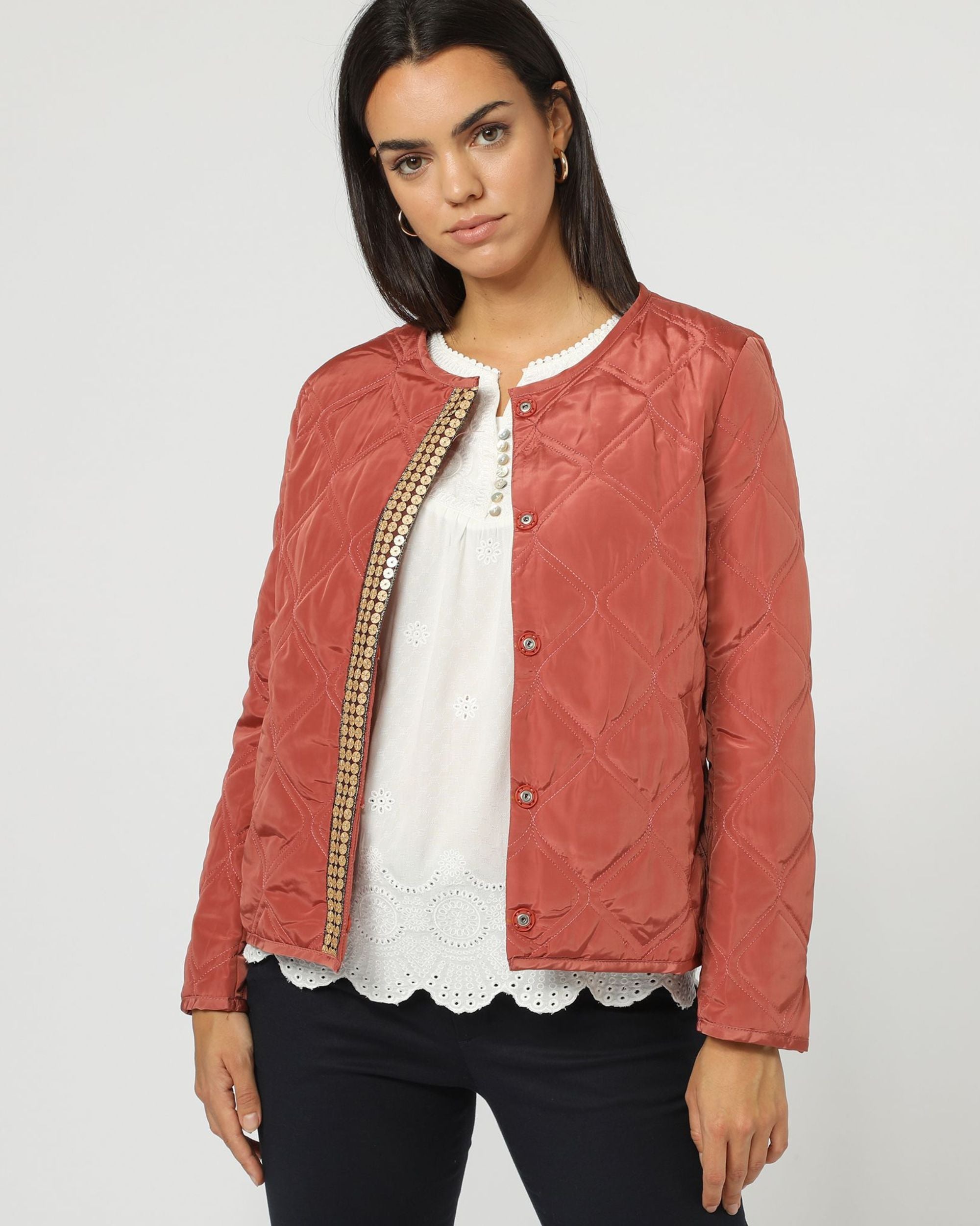 Chaqueta mujer acolchada liso, lentejuelas solapa, cuello redondo, cierre botones clic, manga larga, bolsillos delanteros, diseño elegante, cómoda, talla 38, perfecto para look casual y sofisticado - Rojo ✅Entrega 24/48h
