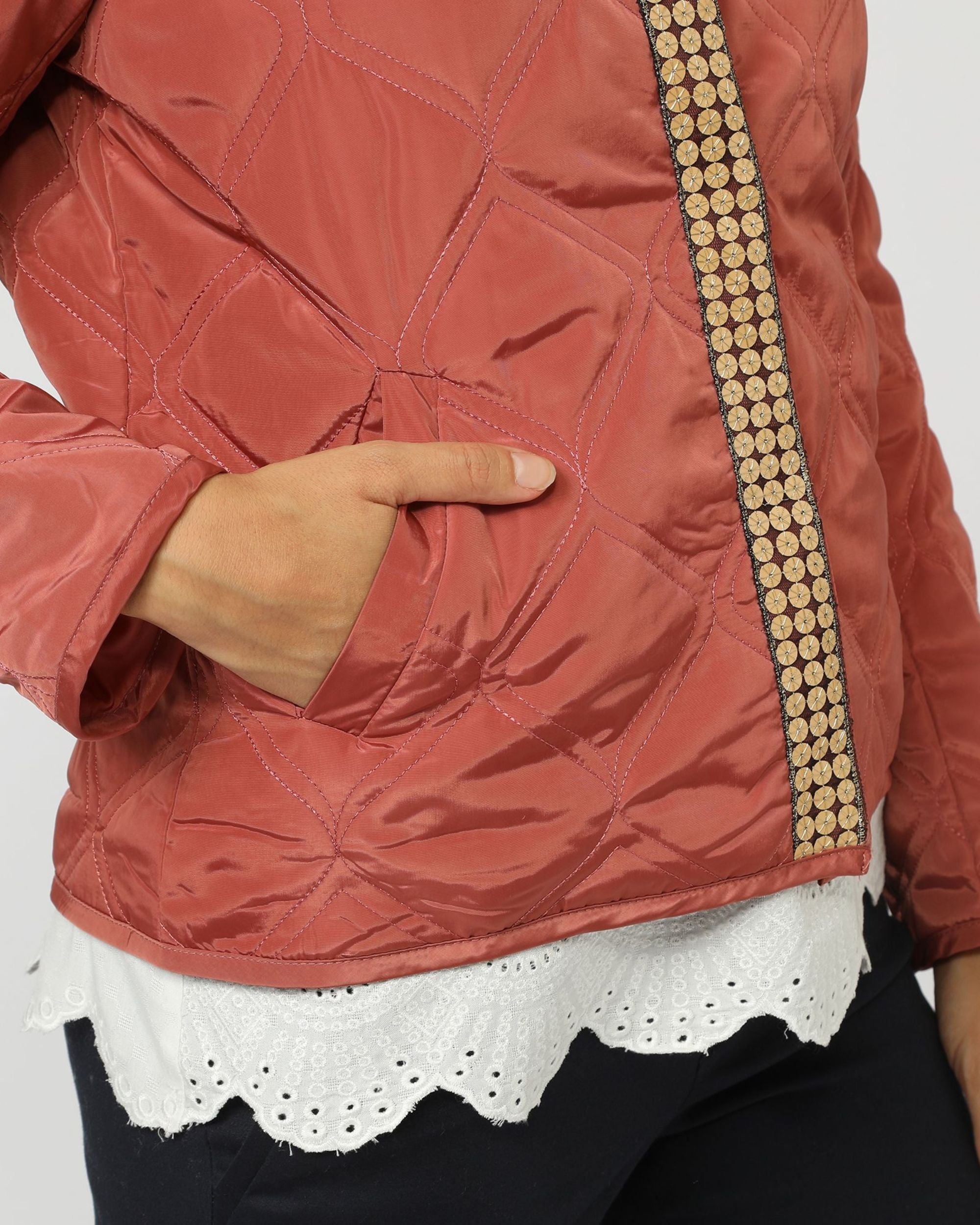 Chaqueta mujer acolchada liso, lentejuelas solapa, cuello redondo, cierre botones clic, manga larga, bolsillos delanteros, diseño elegante, cómoda, talla 38, perfecto para look casual y sofisticado - Rojo ✅Entrega 24/48h