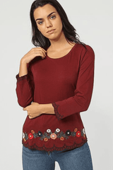 Camiseta mujer algodón manga larga bordada blusa top escote redondo detalles florales terminación en contraste color burdeos talla 38 casual cómoda exclusiva ✅Entrega 24/48h