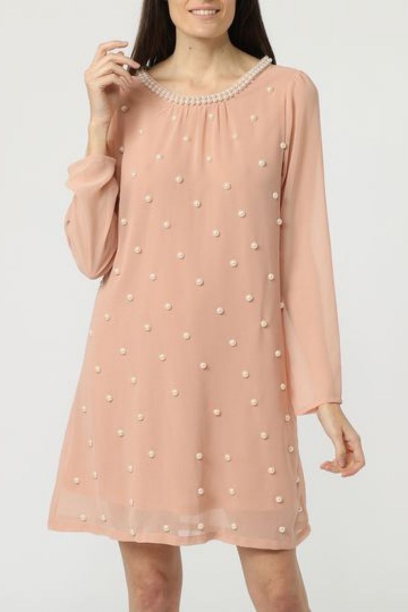 Vestido corto mujer, dress tul translúcido, perlas decorativas, manga larga, estilo elegante, corte recto, color rosa palo, talla 38, ligero, ideal eventos y fiestas, outfit versátil, cómodo, exclusivo ✅Entrega 24/48h