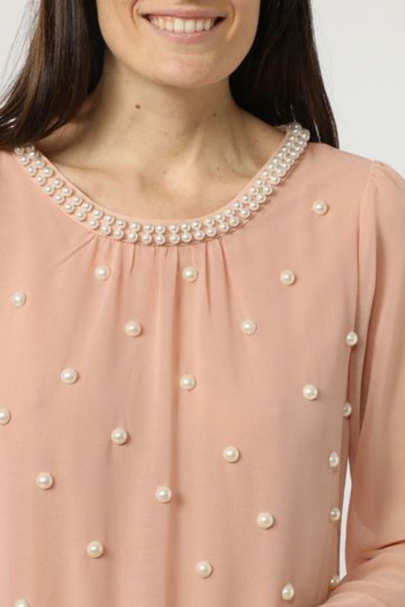 Vestido corto mujer, dress tul translúcido, perlas decorativas, manga larga, estilo elegante, corte recto, color rosa palo, talla 38, ligero, ideal eventos y fiestas, outfit versátil, cómodo, exclusivo ✅Entrega 24/48h