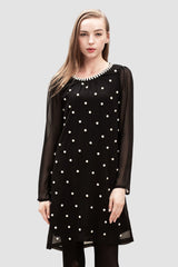 Vestido mujer gasa elegante negro perlas dress AN-290066 manga larga cierre cremallera invisible casual ocasión especial cómodo Talla 38 ✔️Entrega 24/48h