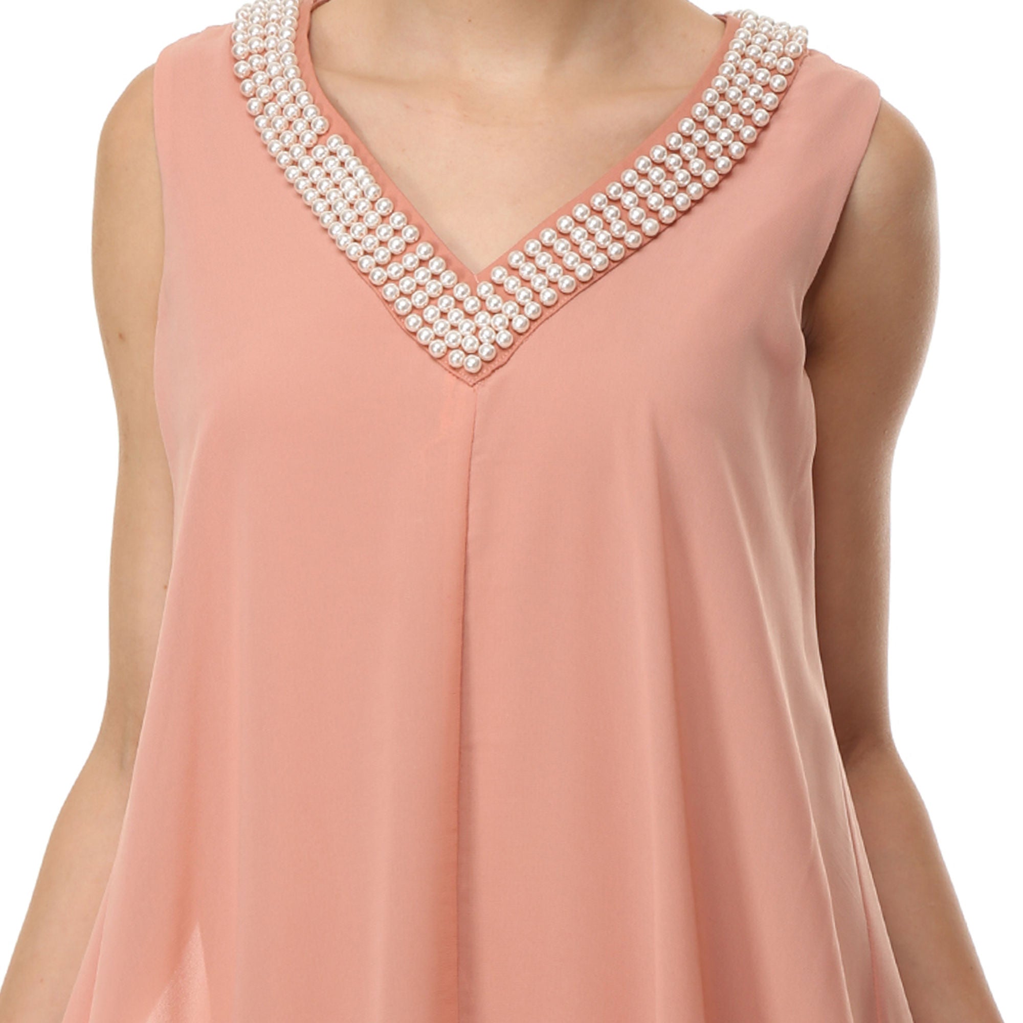 Vestido mujer fluido, dress corto, sin mangas, escote V pedrería, gasa ligera, estilo elegante/casual, talla 38, color rosa, cómodo, fresco, ideal fiesta o eventos, fácil combinar tacones/sandalias ✅Entrega 24/48h